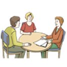 Zeichnung von drei Menschen an einem runden Tisch
